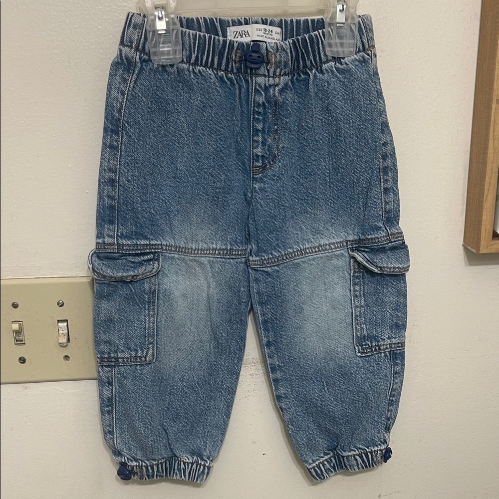 Zara Baby Jeans Blue Denim Cargo Pants Sz 18/24M Acid Wash